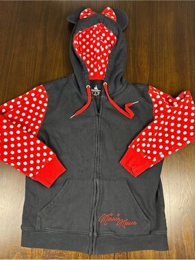 Disney Parks Minnie Mouse Hoodie Womens Large Black Red Polka Dot Zip Sweatshirt
